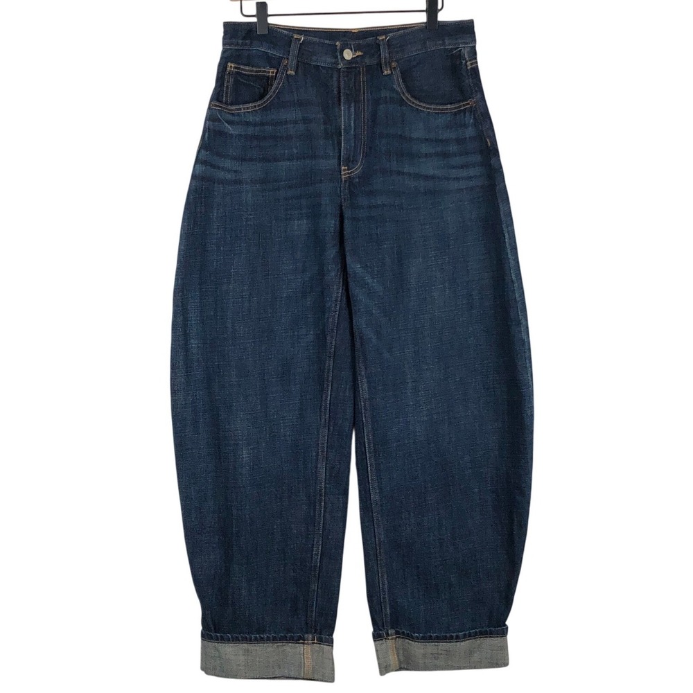 ZARA High Rise Barrel Leg Cuffed Jeans Sz 6 38 Dark Wash Blue 30x30 Wide Relaxed